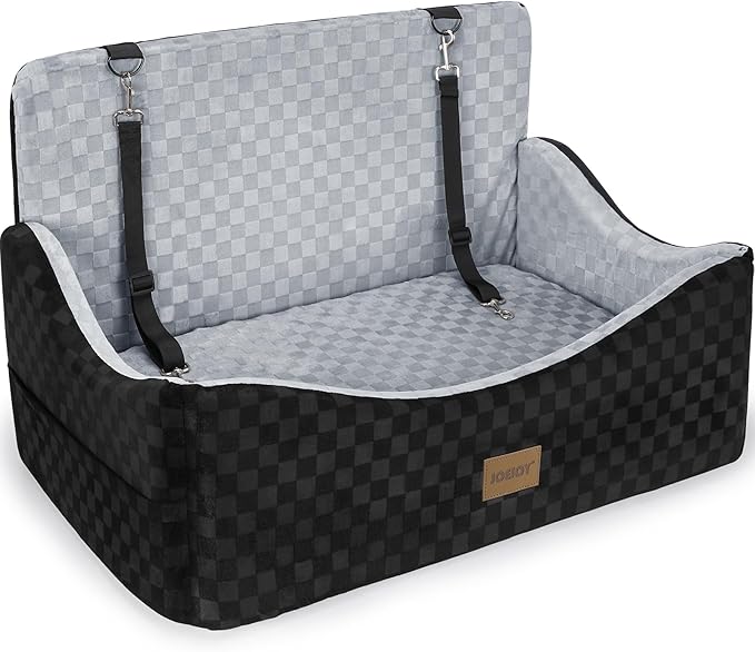JOEJOY Dog Car Seat for Medium/Large Dogs - Reversible Dual-Sided Travel Dog Car Bed with Memory Foam, Washable Pet Booster Seat for Do gs up to 55 lbs or 2 Small Dogs, 2 Safety Leashes, Grey