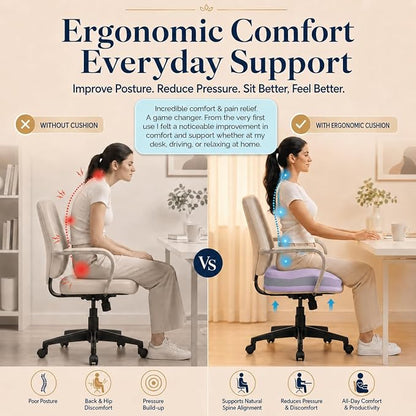 Seat Cushions for Office Chairs Wheelchair Cushion for Long Sitting Back Pain，Memory Foam Seat Car Computer Desk Chair Cushion，Coccyx Cushion for Tailbone Pain Relief Office Chair Butt Pillow Purple