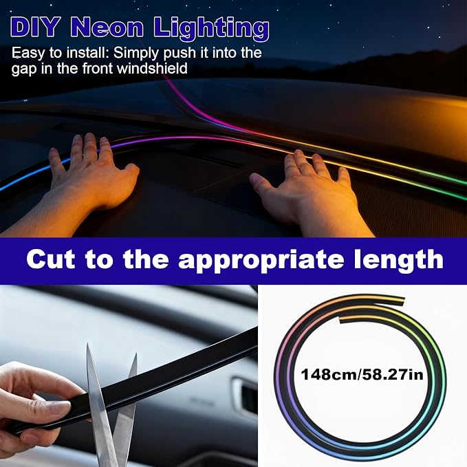 59" RGB LED Strip Lights for Car Interior,16M Colors RGB Front Windshield Ambient Lighting Kits, Music Sync, Easy Plug & Play Installation, Cuttable, Wide Compatibility