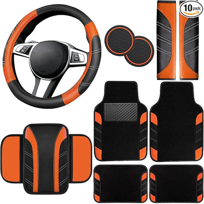 NBTEPEM 10 Pcs Car Floor Mats Full Set & Sport Leather Steering Wheel Cover 14.5-15 inch, Center Console Cover, Seat Belt Cushion, Cup Holder Coaster, Universal Automobile Interior Sets (Orange)