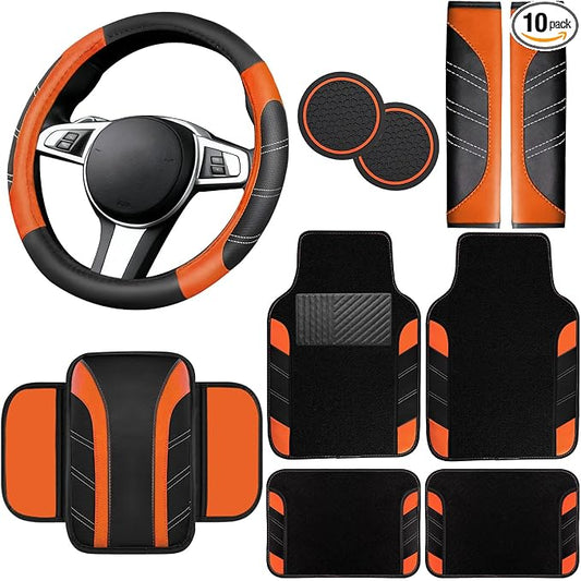 NBTEPEM 10 Pcs Car Floor Mats Full Set & Sport Leather Steering Wheel Cover 14.5-15 inch, Center Console Cover, Seat Belt Cushion, Cup Holder Coaster, Universal Automobile Interior Sets (Orange)