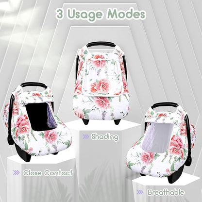 Baby Carseat Cover Girls, Pea Pod Floral Infant Car Seat Covers Canopy for Newborn with 2 Layers Windows of Breathable Mesh/Fabric, Lightweight Polyester/Minky Dot Backing, Snug Fit Most Baby Car Seat