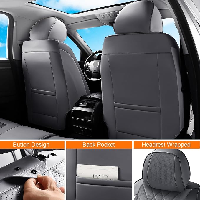 Full Coverage Car Seat Covers Full Set Waterproof, Luxury Leather Automotive Seat Covers Car Seat Protector, Front & Rear Seats Cover Sets Universal Fit for Most Vehicles Sedans SUVs, Gray