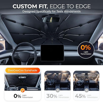 [2026 Upgraded] DooGooCoo Windshield Sun Shade Umbrella for Tesla Model Y, Model 3 [100% Sunlight Blocked, Cooling Ice Crystal] Sunshade for Car Windshield for Model Y & Model 3 Sunshade 2017-2026.