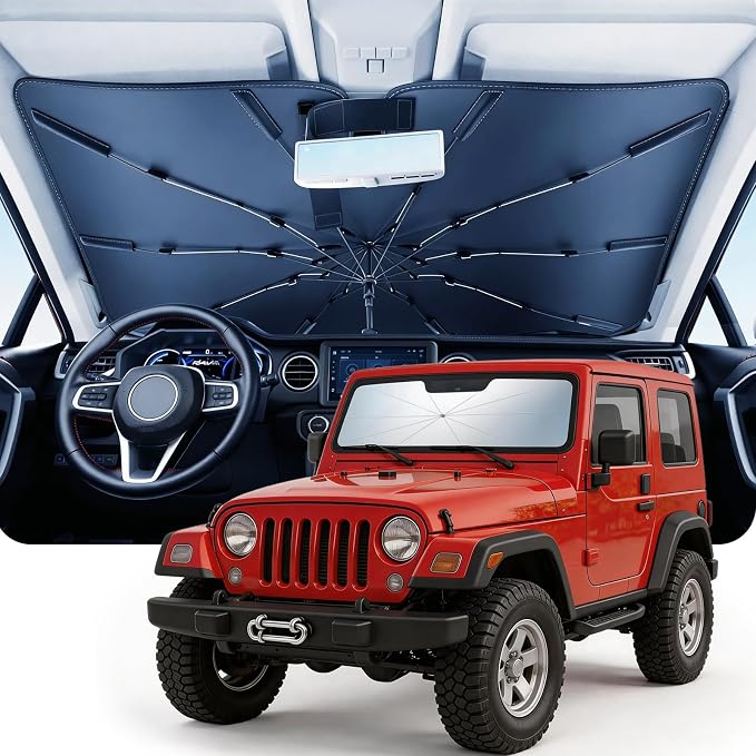 DMJN Umbrella Windshield Sun Shade for Jeep Wrangler JL JK JT TJ (2011-2026), Car Sunshade for Front Windshield [Nano Ice-Crystal Coatings] UPF50+ Heat & UV Block, Protect Interior & Keep Cooler
