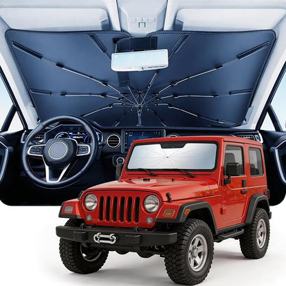 DMJN Umbrella Windshield Sun Shade for Jeep Wrangler JL JK JT TJ (2011-2026), Car Sunshade for Front Windshield [Nano Ice-Crystal Coatings] UPF50+ Heat & UV Block, Protect Interior & Keep Cooler