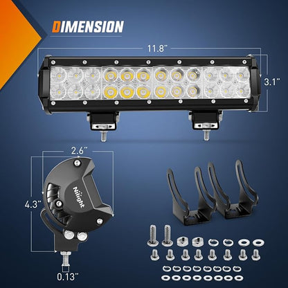 Nilight LED Light Bar 12 Inch 72W Spot Flood Combo Yellow Beam Off Road Lamp Fishing Hunting Emergency Deck Work Lighting for Trucks UTV Pick-up Van Boat Tractor