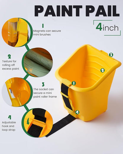 Voomey Paint Bucket Hand Held - Integrated Magnetic Brush Grip, Paint Cup with 4 Inch Mini Foam Paint Rollers, Paint Brush, Suitable for Decoration, Repairs, Small Paint and Coating Projects