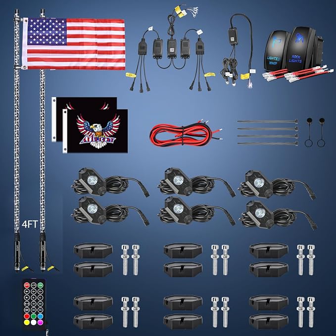 Nilight 2PCS 4FT RGB LED Whip Light and 6 PCS Rock Lights Combo Remote App Control w/DIY Chasing Patterns Stop Turn Reverse Modes Safety Antenna Whips for ATV UTV Polaris RZR Can-am Dune Buggy Jeep