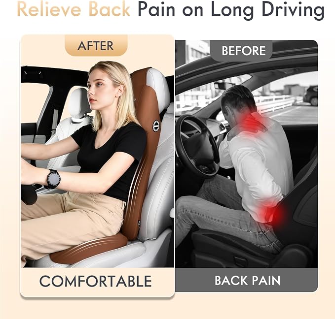 FLORICH Memory Foam Seat Cushion for Car and Lumbar Support Headrest Pillow Ergonomic Car Seat Back Support Neck Pillow for Driving Truck Driver Seat Cushion Lumbar Pillows for Back Pain Relief, Brown