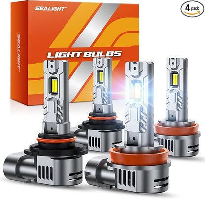 SEALIGHT 9005 and H11 Bulbs Combo, 140,000LM 900% Wider Driving Vision Mini Size, 9005/HB3 H11/H8/H9 Fog Lights with Fan, Warning Light Assemblies, Plug and Play, Pack of 4