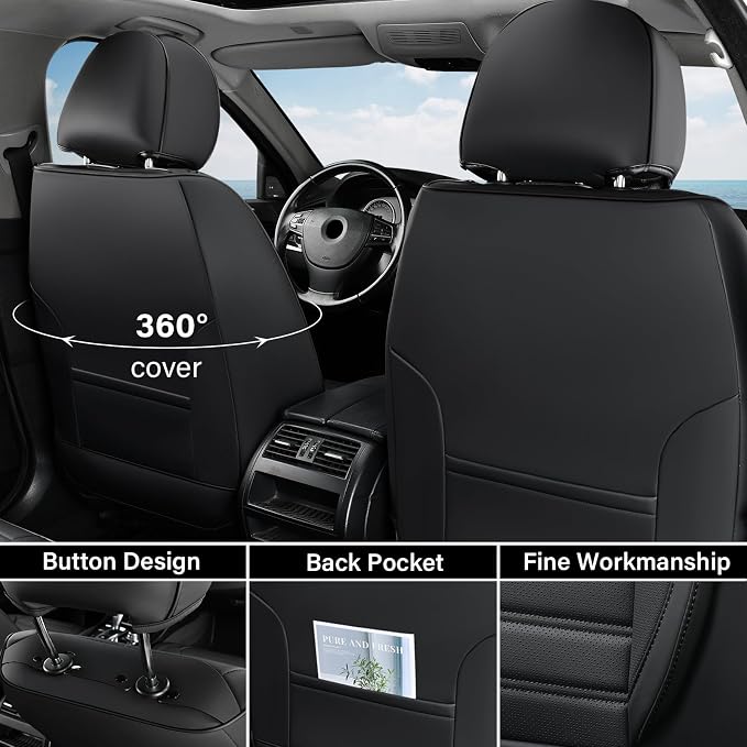 Coverado Car Seat Covers Full Set, Black Seat Covers for Cars, Automotive Seat Covers, Waterproof Nappa Leather Front Seats and Back Car Seat Protector, Universal Fit for Most Cars SUV Trucks