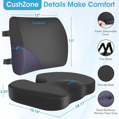 CushZone Seat Cushion, Lumbar Support Pillow with Adjustable Strap-Chair Cushions for Sciatica Pain Relief-with Washable Cover Memory Foam for Car, Travel and Wheelchair-Gray X-Large