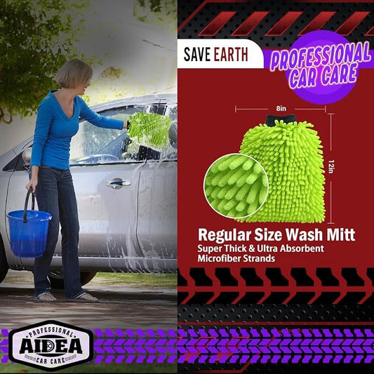 AIDEA Car Wash Mitt Microfiber, 2PK Scratch Free Lint-Free, Premium Chenille Microfiber Mitt Car Wash Brush, Green & Blue, Extra Large Size 8''X12''