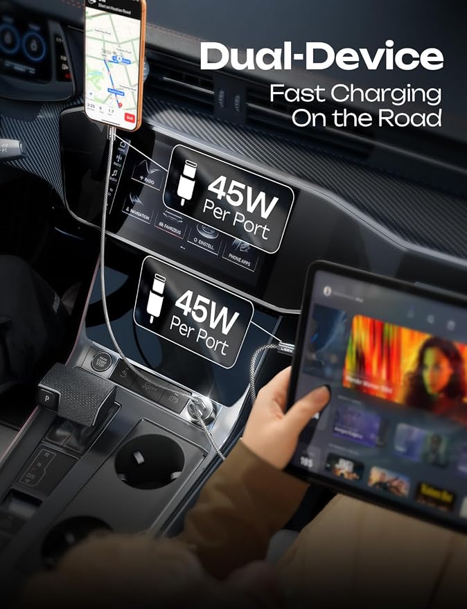 LISEN 90W Car Charger USB C Fast Charge, USB C Car Charger Fast Charge, Type C Car Charger for iPhone 17 Pro Max 16 15 14 13 12 11, for Samsung S26 S25 S24 [with Lighning & USB-C Cable]