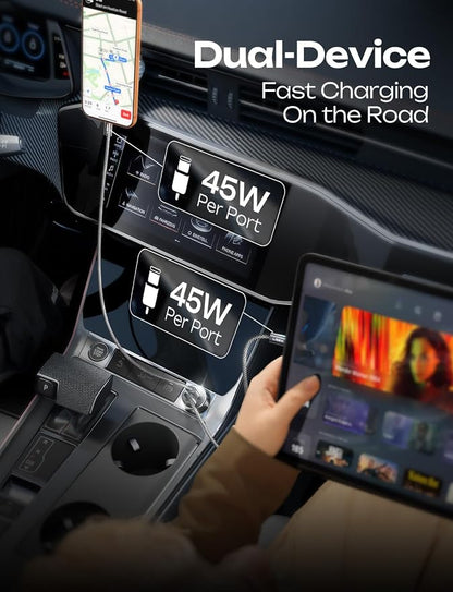 LISEN 90W Car Charger USB C Fast Charge, USB C Car Charger Fast Charge, Type C Car Charger for iPhone 17 Pro Max 16 15 14 13 12 11, for Samsung S26 S25 S24 [with Lighning & USB-C Cable]