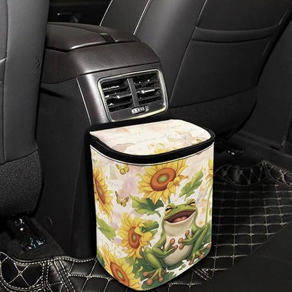 Talayituse Frog Sunflower Butterfly Print Car Trash Bin, Large Size Auto Trash Can Adjustable Portable Garbage Can with Lid, Vehicle Hanging Bag for Headrest Front Back Seat