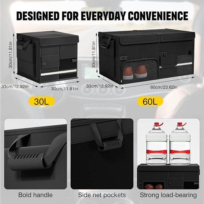 Foldable Car Trunk Organizer with Multi-Compartment – Expandable 30-60L Storage Bin, Side Mesh Pockets, Waterproof 600D Oxford Cloth, Car Accessories for SUV/Truck/Sedan, Black, 23.6"x13.0"x11.8"