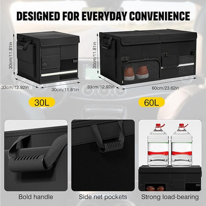 Foldable Car Trunk Organizer with Multi-Compartment – Expandable 30-60L Storage Bin, Side Mesh Pockets, Waterproof 600D Oxford Cloth, Car Accessories for SUV/Truck/Sedan, Black, 23.6"x13.0"x11.8"