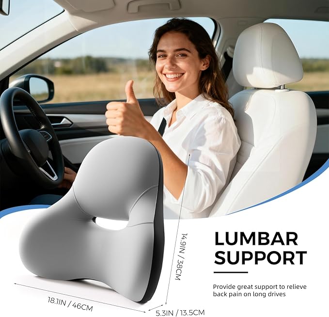 BEBAS Ergonomic Lumbar Support Pillow for Car, Memory Foam Back Support for Driving, Lower Back Pillow for Pain Relief, Comfort Lumbar Cushion for Office Chairs, Car Seat, Wheelchair -Gray