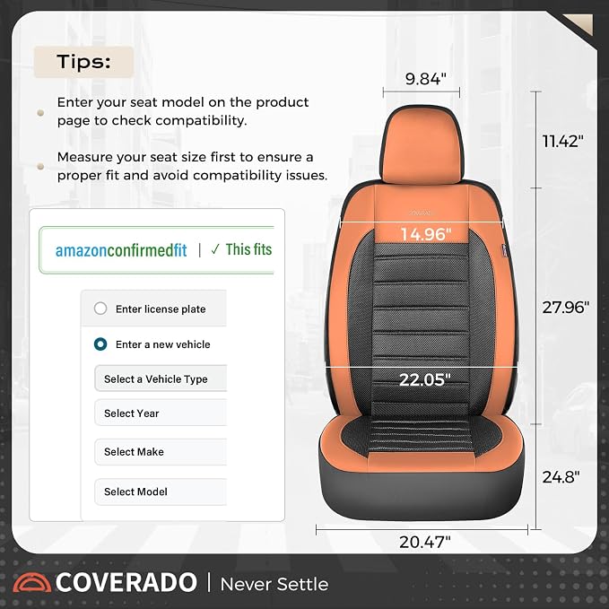 Coverado Car Seat Covers Full Set, Luxury Leather Car Seat Protector, Automotive Front and Rear Mesh Seat Covers, Full Set 5 Seats, Orange&Black Seat Cushion for SUV Sedan Truck