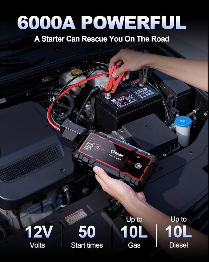 Jump Starter Car Battery Jumper Starter Portable with Jumper Cable, Quick Charge Power Bank, 3 Modes Flashlight, Compass