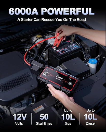 Jump Starter Car Battery Jumper Starter Portable with Jumper Cable, Quick Charge Power Bank, 3 Modes Flashlight, Compass