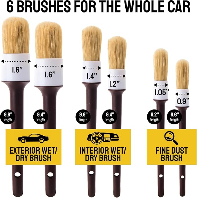 Car Detailing Brush Set 9-Pack - Boars Hair Brushes with Tire and Wheel Brush Plus Tire Dressing Applicator - Soft Bristle Car Detailing Kit for Interior, Exterior and Wheels - Detail Dudes