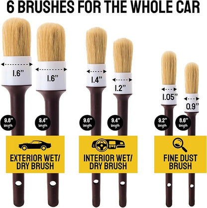 Car Detailing Brush Set 9-Pack - Boars Hair Brushes with Tire and Wheel Brush Plus Tire Dressing Applicator - Soft Bristle Car Detailing Kit for Interior, Exterior and Wheels - Detail Dudes