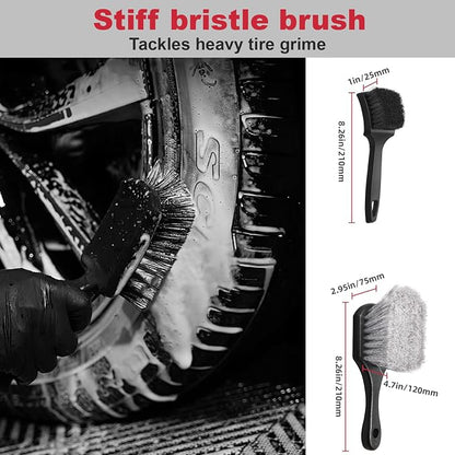4PCS Compact Wheel & Tire Cleaning Kit - 360° Flexible Synthetic Wool Rim Brush, 2 Dual-Bristle Brushes & Microfiber Towel | Scratch-Free for All Vehicles