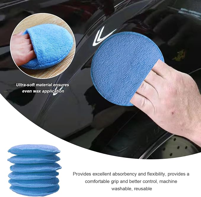 8PCS Microfiber Wax Applicator Pads, 5 Inch Round Car Wash Sponge Cleaning Tools with Finger Pocket, Scratch-Free Ultra-Soft Foam Bulk for Fine Polishing Detailing Waxing (Royal Blue)