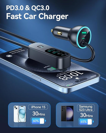 Rocoren 105W 6-Port Multiport Car Charger, PD Fast USB C Car Charger for Multiple Devices,Cigarette Lighter Adapter Car Travel Essentials for Road Trips with 5FT Cable,Car Accessories for iPhone 17/16