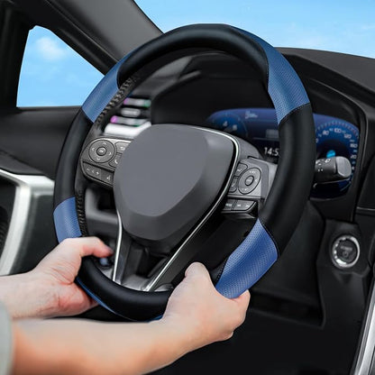Soft Leather Steering Wheel Cover with Breathable Design and Anti-Slip Grip, Fully Compatible with Tesla, Toyota, Honda, Nissan 14.5-15.2 inch Round Steering Wheel（Sedans and SUVs）