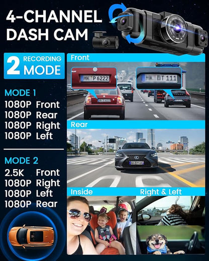 IIWEY N5 4 Channel Dash Cam 360° View, 1080P Front and Rear Inside, Left Right Dash Camera for Cars, 8 IR Lamps Night Vision, 5G WiFi & APP Control, G-Sensor, Parking Mode, with a Free 128GB SD Card
