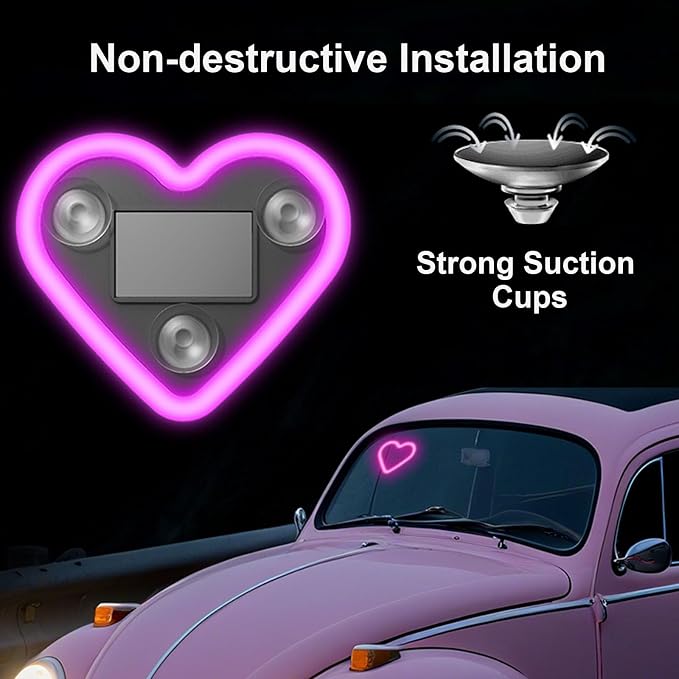 Rechargeable Solar-Powered Wireless Heart LED Light for Car Interior Decorations, with 6 Lighting Modes and Vibration Sensor, Romantic Ambient Gift for Couples/Women/Men, Pink, 1 Pcs