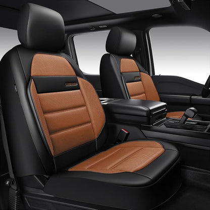 CAR PASS Memory Foam Seat Covers Front, Airy Cool Mesh Thick Car Seat Covers, Leather Car Seat Covers Front Seats Airbag Compatible, Universal Automotive Comfort for Most Cars, Trucks, SUV, Brown