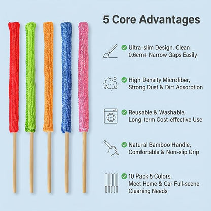 10-Pack 10.24 inch Microfiber Detail Duster Sticks, Reusable Mini Gap Dust Cleaner Crevice Tool, Fan Blade Brush for Car Air Vents, Window Blinds & Small Spaces