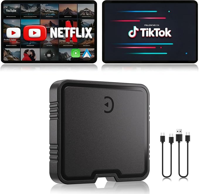 Wireless CarPlay Adapter AI Box for iPhone & Android Auto – YouTube & Netflix Support, TF Card Offline Playback, Plug and Play, Wired to Wireless Conversion, Stable 5.8GHz WiFi & Bluetooth 5.3