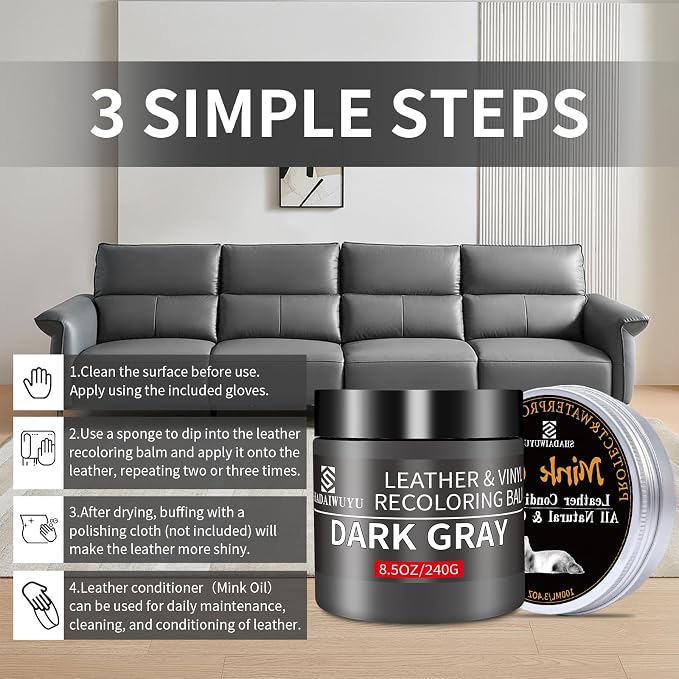 SHADAIWUYU 8.5oz Leather Recoloring Balm with 100ml Mink Oil,Dark Gray Leather Repair kit for Furniture and Car Interior,Leather Couch Scratch Repair,Leather Dye Paint,Mink Oil for Leather
