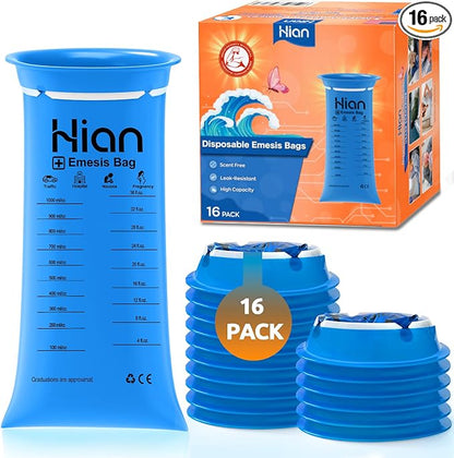 Hion Vomit Bags Disposable – 16 Pack 1000ml Emesis Bags – Leak Resistant, Medical Grade, Portable – Perfect for Motion, Car & Aircraft Sickness, Pregnant Women