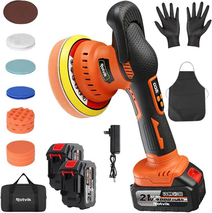 Cordless Car Buffer Polisher Kit, 2x4000mAh 21V Batteries, 6-Inch Orbital Car Polisher, 8 Variable Speeds, LED Display, 18-Piece Accessories for Waxing, Polishing & Scratch Removal