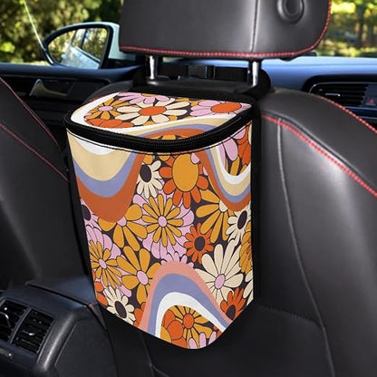 Abstract Groovy Hippie Daisy 70S 80S Wavy Swirl Pattern Car Trash Can with Lid and Zipper Portable Garbage Can Bags Vehicle Decorations for Women Trash Bin Hanging Back of Seat,Multicolor