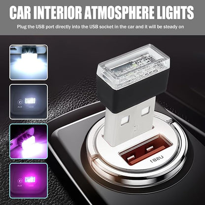 4 PCS USB LED Car Interior Atmosphere Lamp, Portable Mini Auto LED Decor Night Light, Plug-in USB Interface Ambient Lighting Kit, Universal Car Interior Accessories(White+Purple)