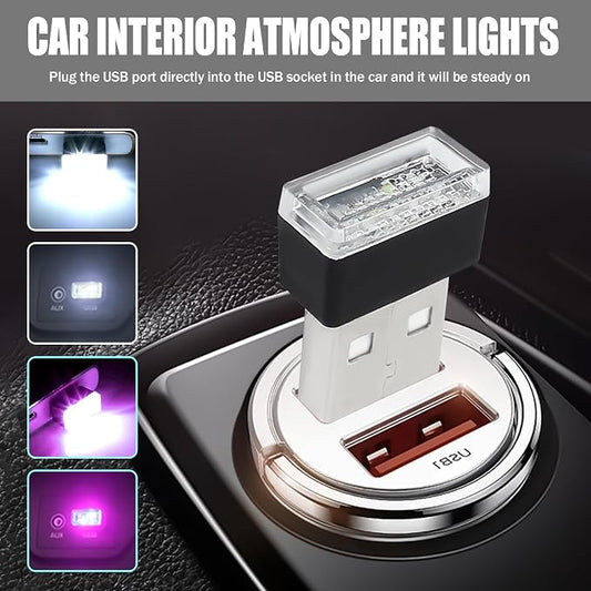 4 PCS USB LED Car Interior Atmosphere Lamp, Portable Mini Auto LED Decor Night Light, Plug-in USB Interface Ambient Lighting Kit, Universal Car Interior Accessories(White+Purple)