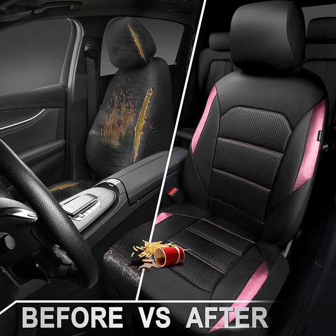 CAR PASS Memory Foam Car Seat Covers,Air Cool Mesh Thick Seat Covers Front Seats,Pink Metal Film Leather Seat Cover for Car,Universal Automotive Comfort for Most Car,Truck,Airbag Compatible,Black Pink