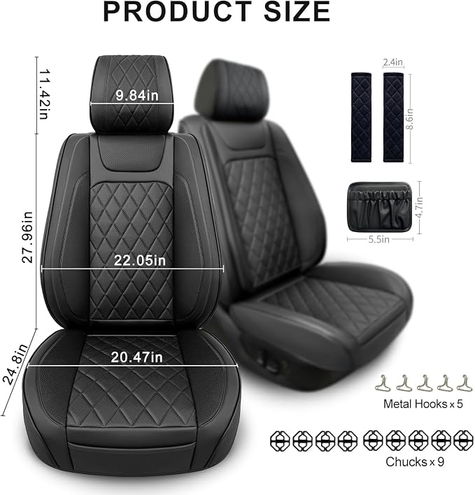 BEITK 2 Pack Leather Front Car Seat Covers,Universal Breathable Full Surround Leather Car Seat Cover Protector,Split Waterproof Luxury Auto Black Seat Cover Cushion for Sedan Cars Pick-up Trucks SUV