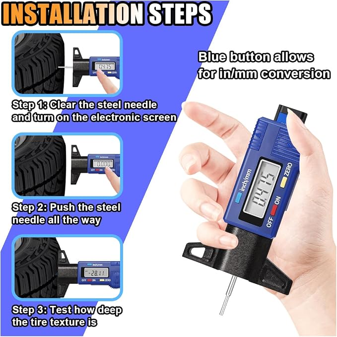LCD Display Tire Tread Depth Gauge, Car Tire Digital Measuring Gauge Tool with Inch MM Conversion, Tire Wear Gauge Tread Checker for Motorcycle, Truck, Car, SUV, Not Include Battery