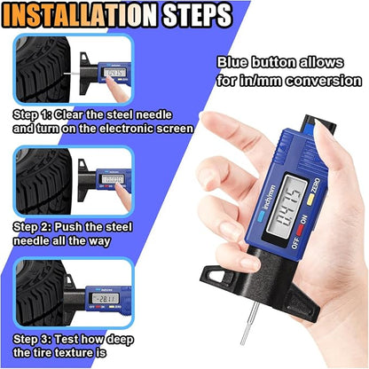 LCD Display Tire Tread Depth Gauge, Car Tire Digital Measuring Gauge Tool with Inch MM Conversion, Tire Wear Gauge Tread Checker for Motorcycle, Truck, Car, SUV, Not Include Battery