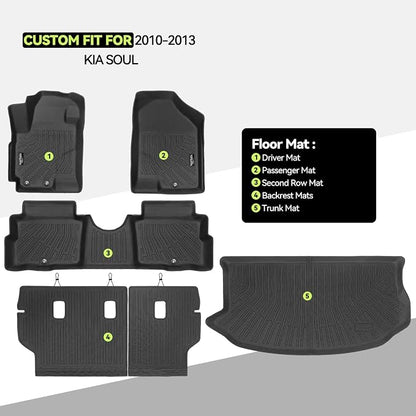 Tongama-Floor Mats for 2010-2013 Kia Soul, All Weather TPE Floor Liners and Trunk Mat and Backrest Mats Protectors for Kia Soul Waterproof Interior Accessories