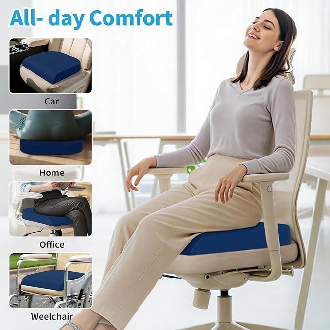 TranquilRelax Large Seat Cushion, Memory Foam Cushion for Long Sitting Hours on Office Chair, Home & Car, Non-Slip Chair Pad for Relieving Back & Sciatica & Hip & Coccyx Pain (Blue)